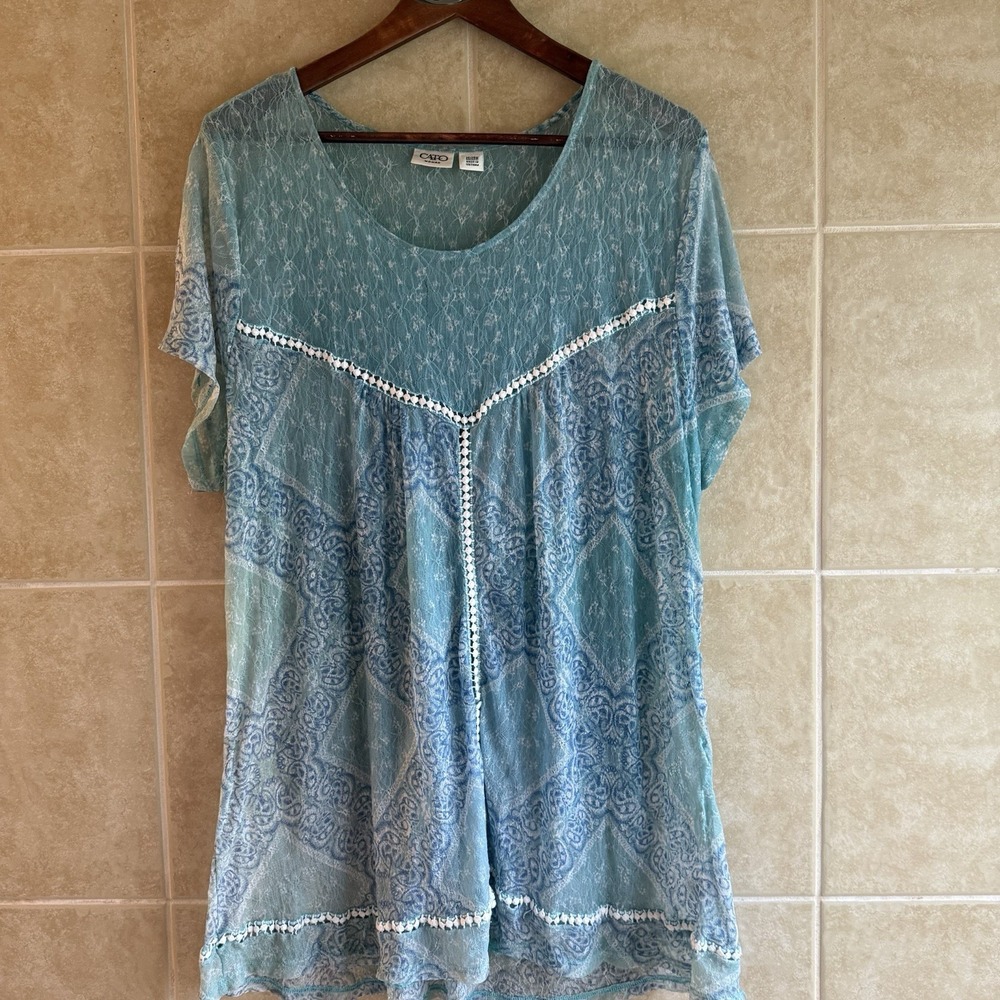 Cato Blue Teal‎ Mesh Top 26/28W Ethereal Boho Whimsical Flowy Airy Semi Sheer
